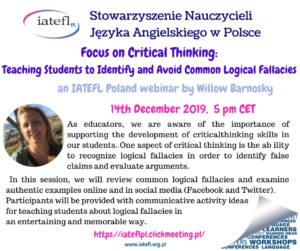 12th webinar –  Focus on Critical Thinking: Teaching Students to Identify and Avoid Common Logical Fallacies – Willow Barnosky
